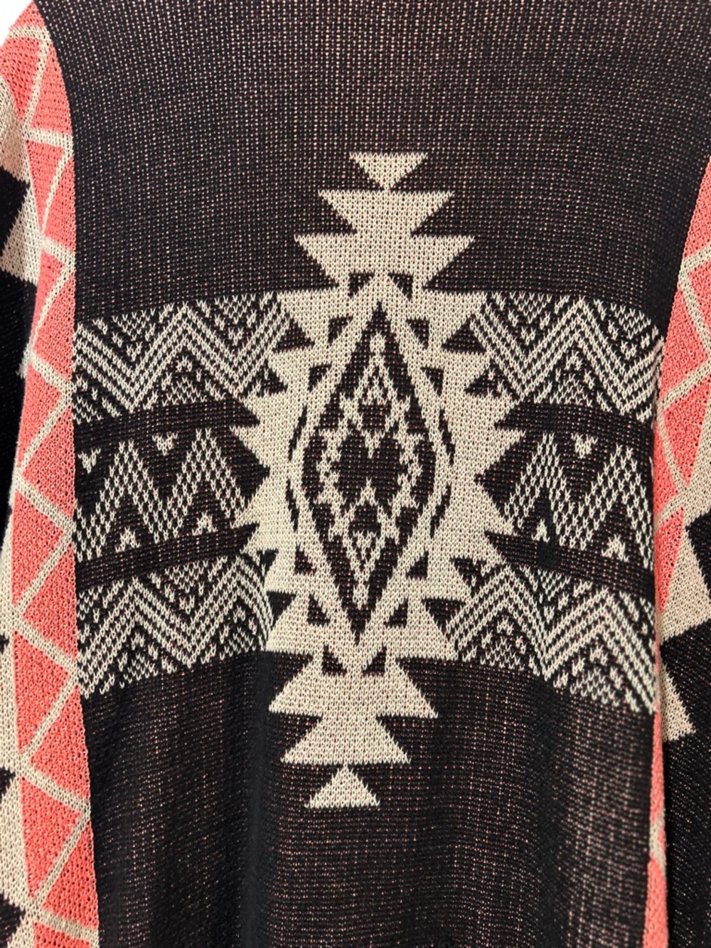 Mine Boho Aztec Fringe Sweater Cardigan Kimono in Black and Coral - Picture 4 of 15